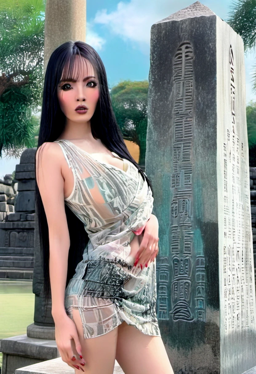 (best quality,4k,highres,masterpiece:1.2),ultra-detailed,realistic:1.37,portrait,woman,park,flirtatious,beautiful detailed eyes,beautiful detailed lips,colorful outfit,loose,transparent,ancient black obelisk,engraved,perverted hieroglyphs,daytime,public,leaning against specific explanation： - (best quality,4k,highres,masterpiece:1.2): High quality mark，Generate detailed artistic masterpieces in 4k resolution。 - ultra-detailed: Extremely detailed。 - realistic: Realism。 - portrait: portrait，Will focus on depicting characters。 - woman: a woman，Used to describe the main character。 - park: garden，Describe the background environment of the picture。 - flirtatious: wink、Seductive。 - beautiful detailed eyes: Fine and beautiful eyes。 - beautiful detailed lips: Delicate and beautiful lips。 - colorful outfit: Colorful costumes。 - loose: loose。 - transparent: transparent。 - ancient black obelisk: Ancient black obelisk，Used as a background element for the character to lean on。 - engraved: carved。 - perverted hieroglyphs: Obscene hieroglyphs，Combined with Black Obelisk，Enhance the sense of contrast。 - daytime: daytime。 - public: public，Describe the character&#39;s environment。 - leaning against: rely。 Assisted in generating results： An ultra-detailed, realistic portrait of a flirtatious woman in a sheer, loose, colorful outfit. She is leaning against an ancient black obelisk engraved with several perverted hieroglyphs in a public park during the daytime. The artwork is of the best quality, with high-resolution 4K details, capturing the intricate beauty of her eyes and lips. Her outfit is vibrant and transparent, evoking a sense of playfulness and allure. The ancient obelisk serves as a contrasting background, with its black color and perverted engravings. The overall scene is depicted with vivid colors, realistic lighting, and a sharp focus on the woman, creating a visually stunning masterpiece.