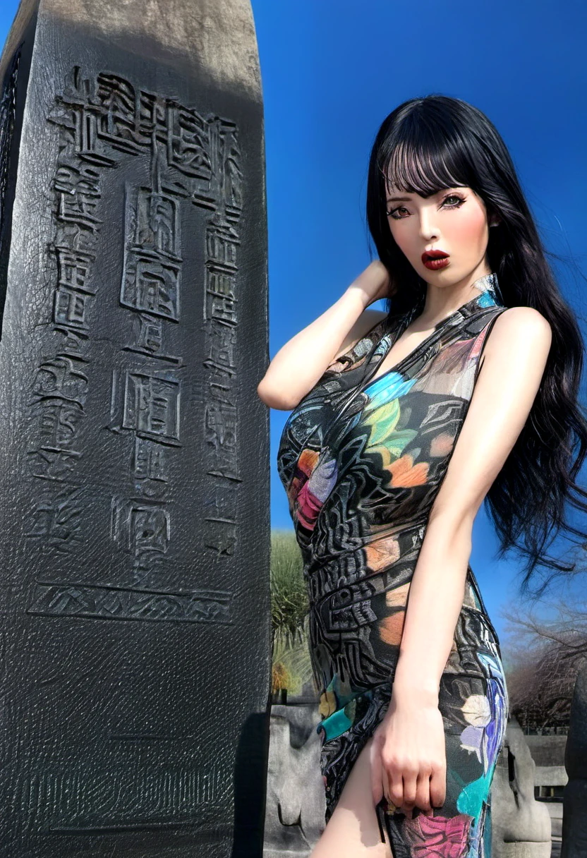 (best quality,4k,highres,masterpiece:1.2),ultra-detailed,realistic:1.37,portrait,woman,park,flirtatious,beautiful detailed eyes,beautiful detailed lips,colorful outfit,loose,transparent,ancient black obelisk,engraved,perverted hieroglyphs,daytime,public,leaning against specific explanation： - (best quality,4k,highres,masterpiece:1.2): High quality mark，Generate detailed artistic masterpieces in 4k resolution。 - ultra-detailed: Extremely detailed。 - realistic: Realism。 - portrait: portrait，Will focus on depicting characters。 - woman: a woman，Used to describe the main character。 - park: garden，Describe the background environment of the picture。 - flirtatious: wink、Seductive。 - beautiful detailed eyes: Fine and beautiful eyes。 - beautiful detailed lips: Delicate and beautiful lips。 - colorful outfit: Colorful costumes。 - loose: loose。 - transparent: transparent。 - ancient black obelisk: Ancient black obelisk，Used as a background element for the character to lean on。 - engraved: carved。 - perverted hieroglyphs: Obscene hieroglyphs，Combined with Black Obelisk，Enhance the sense of contrast。 - daytime: daytime。 - public: public，Describe the character&#39;s environment。 - leaning against: rely。 Assisted in generating results： An ultra-detailed, realistic portrait of a flirtatious woman in a sheer, loose, colorful outfit. She is leaning against an ancient black obelisk engraved with several perverted hieroglyphs in a public park during the daytime. The artwork is of the best quality, with high-resolution 4K details, capturing the intricate beauty of her eyes and lips. Her outfit is vibrant and transparent, evoking a sense of playfulness and allure. The ancient obelisk serves as a contrasting background, with its black color and perverted engravings. The overall scene is depicted with vivid colors, realistic lighting, and a sharp focus on the woman, creating a visually stunning masterpiece.