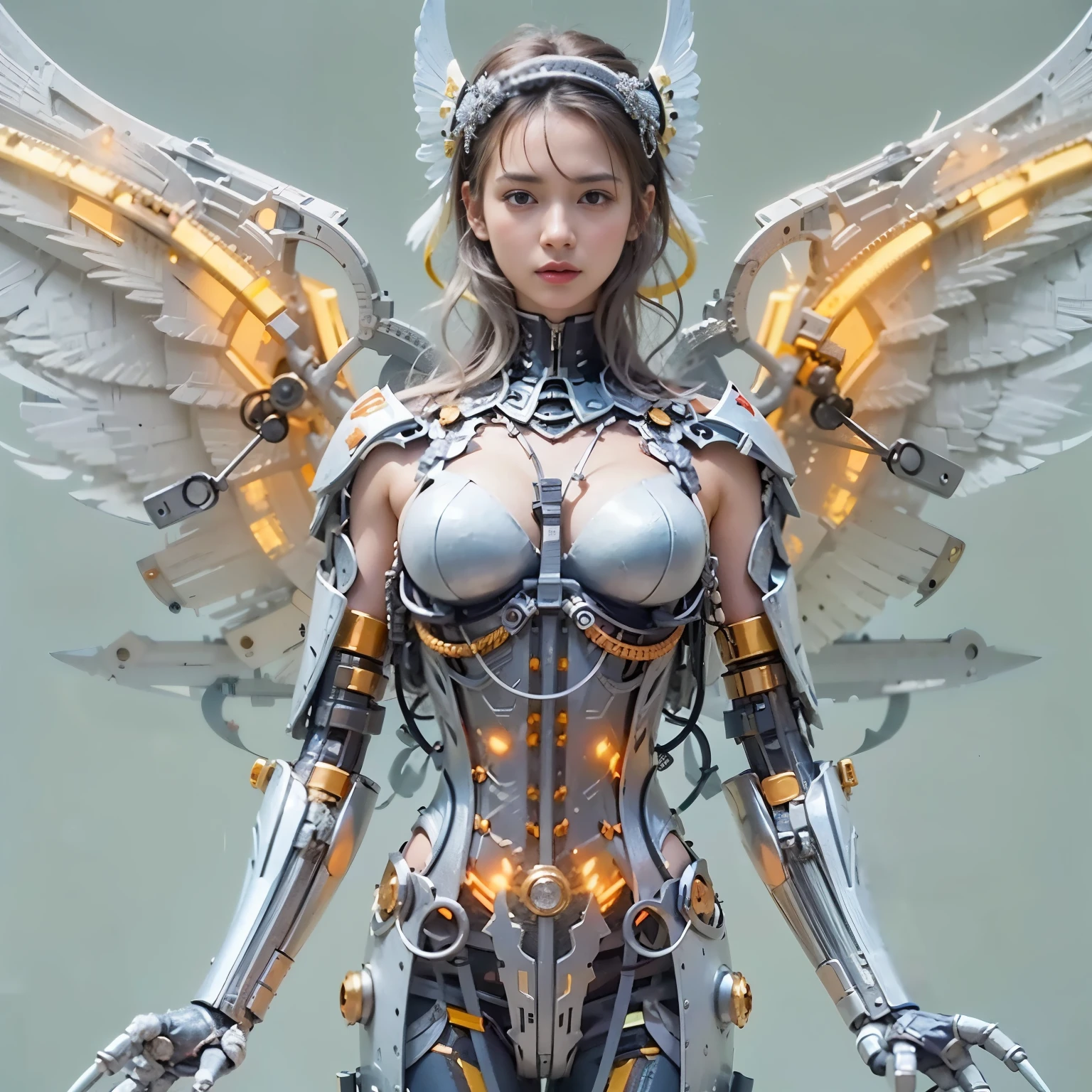 (best quality,highres,masterpiece:1.2),mechanical,hydraulic cylinders,samurai armor,Japanese sword,beautiful girl,twin tails,silver hair,realistic,photorealistic:1.37,photo shoot,ultra-detailed,hyper-realistic textures,full body,battlefield