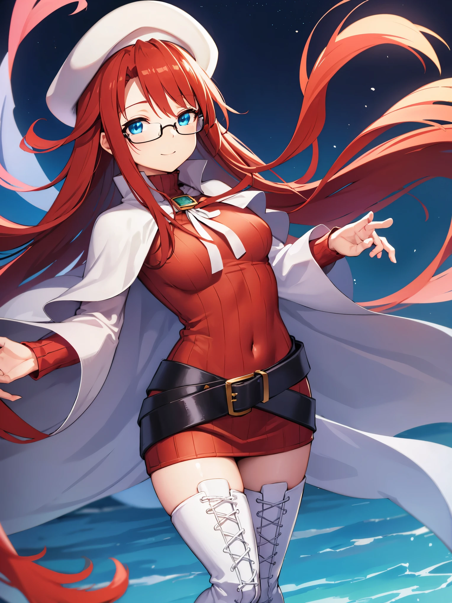summonnightaty, aty, long hair, blue eyes, red hair, beret, hat, glasses,
BREAK long hair, thighhighs, hat, dress, boots, glasses, belt, cape, sweater, zettai ryouiki, beret, thigh boots, white footwear, ribbed sweater, loose belt,solo,
BREAK outdoors, fantasy,on_a_ship,
BREAK (masterpiece:1.2), best quality, high resolution, unity 8k wallpaper, (illustration:0.8), (beautiful detailed eyes:1.6), extremely detailed face, perfect lighting, extremely detailed CG, (perfect hands, perfect anatomy),covered_nipples,covered_navel,light_smile ,(half_eyes:1.4),sword,armpit,sleepy,dynamic_standing,barrel,red_sweater,apart_legs,magical_effect,pulmp,big_tits,