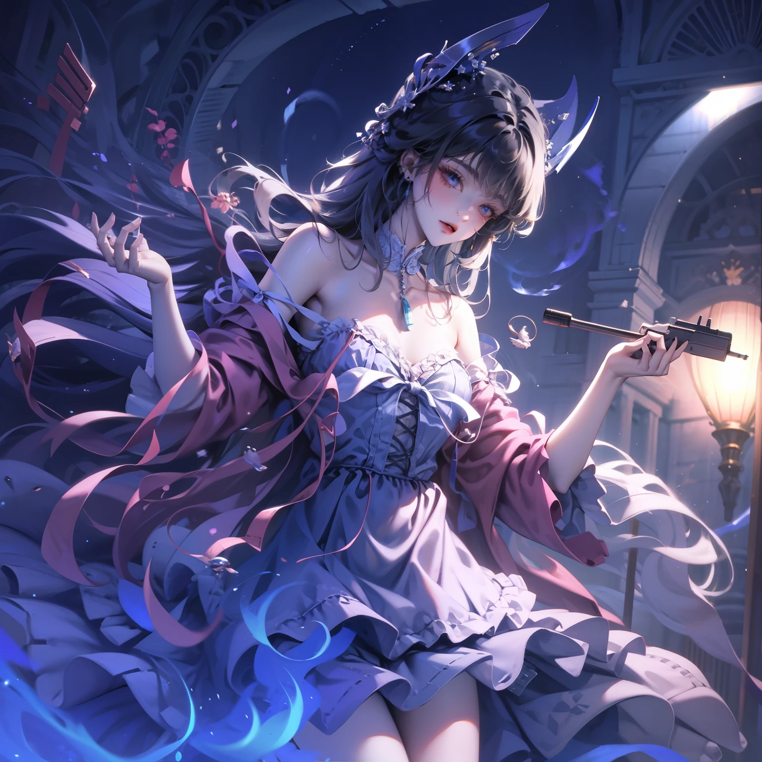 masterpiece, best quality, 1 girl, black hair, bare shoulders, long hair, Long skirts, cowboy shooting, dynamic poses, Dynamic angle,