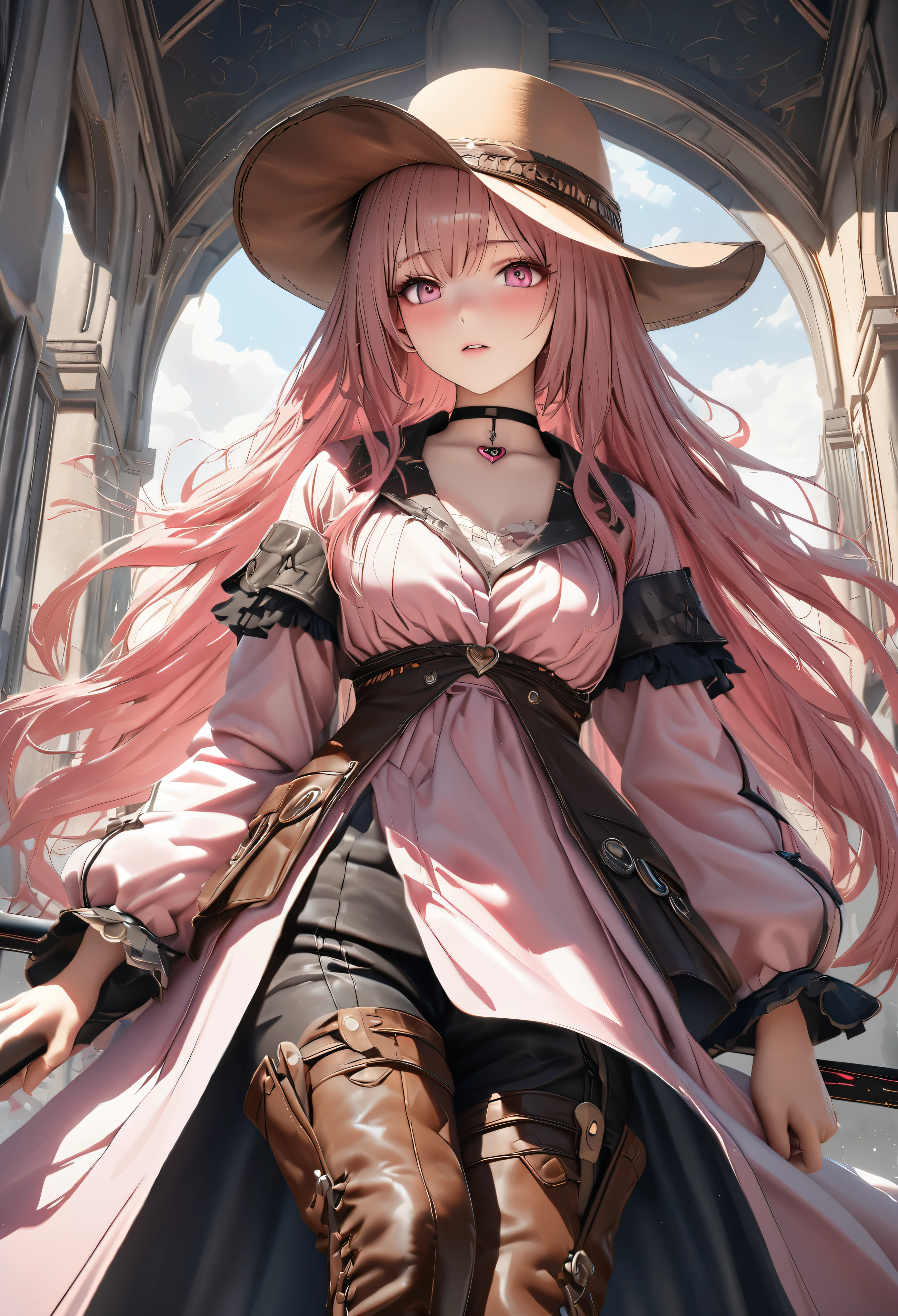 masterpiece,highest quality, Super detailed, High resolution, expensive resolution, HDR, 4k, 8K, unity 8k wallpaper, Super detailed CG, masterpiece, realistic, 2D, 3D, beautiful details, depth, fine texture , super fine: 1.3, Fully focused, Crispy.skin, .he, Very cute anime girl 、cowboy style costume、cowboy hat、cowboy boots technic wilderness、duel、long sword、Pink semi-long hair wearing expensive , one girl、alone, Pink semi-long hair, cowboy style、cowboy hat、long sword、duel、cowboy bootole under the eye, looking at the viewer , expensive , blush, mole, parted lips, hair ornaments, heart, pink eyes, choker