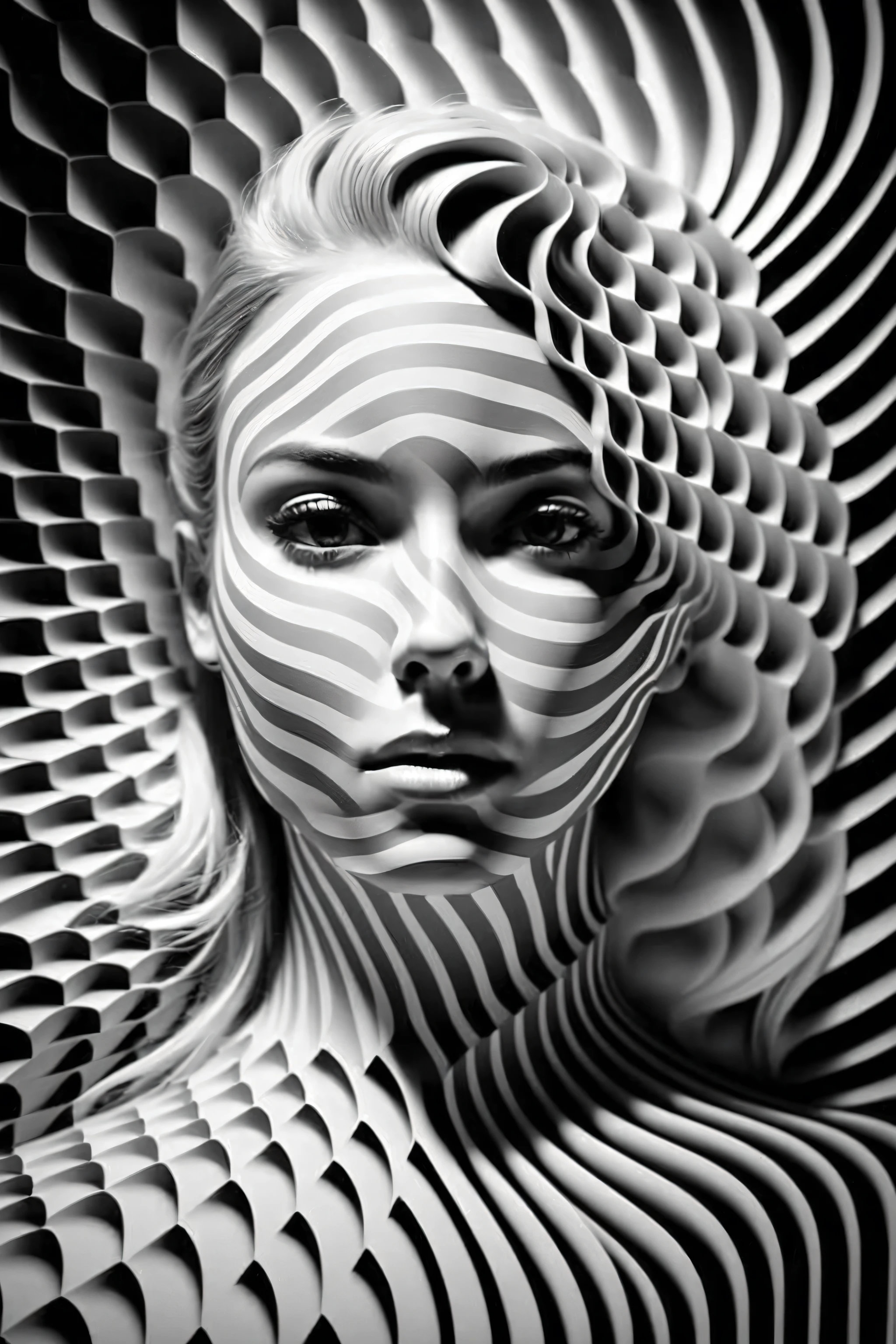 a woman with a black and white pattern on her face, umwerfende digitale Kunst, komplizierte digitale Kunst, 3 d digital art, 3d digital art, komplizierte digitale Kunstwork, Fortgeschrittene digitale 3D-Kunst, erstaunliche detaillierte digitale Kunst, digitale komplizierte Kunst, Detaillierte digitale 3D-Kunst, erstaunliche digitale Kunst, 4k symmetrical portrait, 4k symmetrical portrait