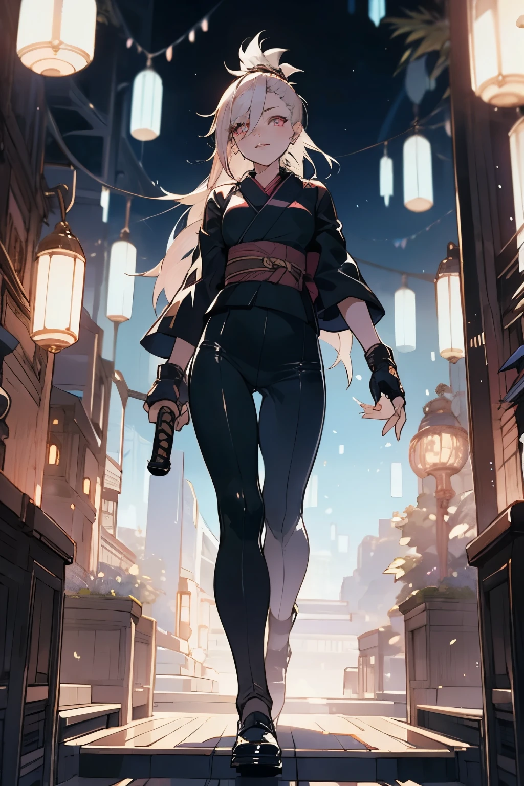 (best quality, highres:1.2, ultra-detailed), girl, walking in the night city streets, catwalking, elegant walking, ultra-long hair, extremely detailed face, enhanced lips, enhanced eyelashes, sharp eyes, glowing eye,lb, simple Kunoichi suit, legs, holding down a katana, simple smile, expressive, dark suit outfit from , night cityscapes, ultra-detailed city, full body shot, prepotent and confident walk, fingerless gloves, studio lighting, 1 person, erect walk, view, walking towards the streets, plate katana, simple kimono Kunoichi, bare back, 30 years old woman, differents point of view, Blue glowing eyes