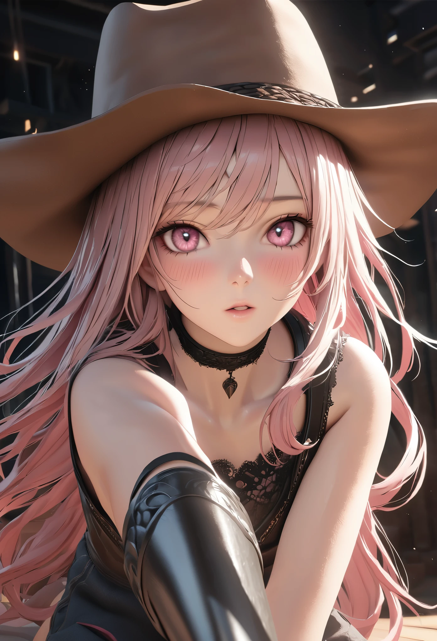 masterpiece,highest quality, Super detailed, High resolution, expensive resolution, HDR, 4k, 8K, unity 8k wallpaper, Super detailed CG, masterpiece, realistic, 2D, 3D, beautiful details, depth, fine texture , super fine: 1.3, Fully focused, Crispy.skin, .he, Very cute anime girl 、cowboy styleの衣装、cowboy hat、cowboy boots テキカン 荒野、duel、long sword、Pink semi-long hair wearing expensive , one girl、alone, Pink semi-long hair, cowboy style、cowboy hat、long sword、duel、cowboy bootole under the eye, looking at the viewer , expensive , blush, mole, parted lips, hair ornaments, heart, pink eyes, choker