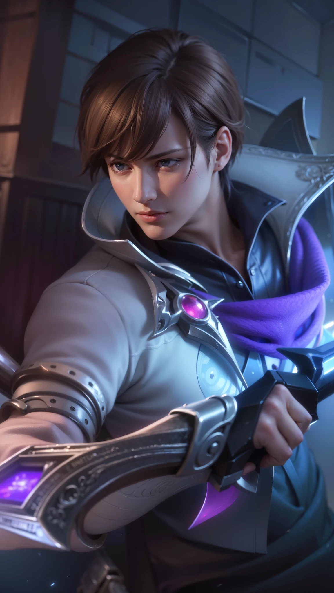 a close up of a person holding a sword in a room, masculine male, masterpiece, ((perfect eyes)) best quality, (semirealism:1.9), beautiful lighting, (extremely detailed CG unity 4k fhd wallpaper), High Detail, Sharp focus, dramatic outdoors, 1 boy ,19 years old, light purpel eyes, 8k, ultra hd, ultra detailed texture, hyper realistic, masterpiece, detailed texture, detailed face, detailed skin, detailed lighting, (photorealistic:1.5), best quality, beautiful lighting, cinematic lighting, professional lighting, ultra highres, realistic, detailed hair, real hair, high quality, (realskin:1.5), extremely detailed, finely detail, ultra-detailed, glare.