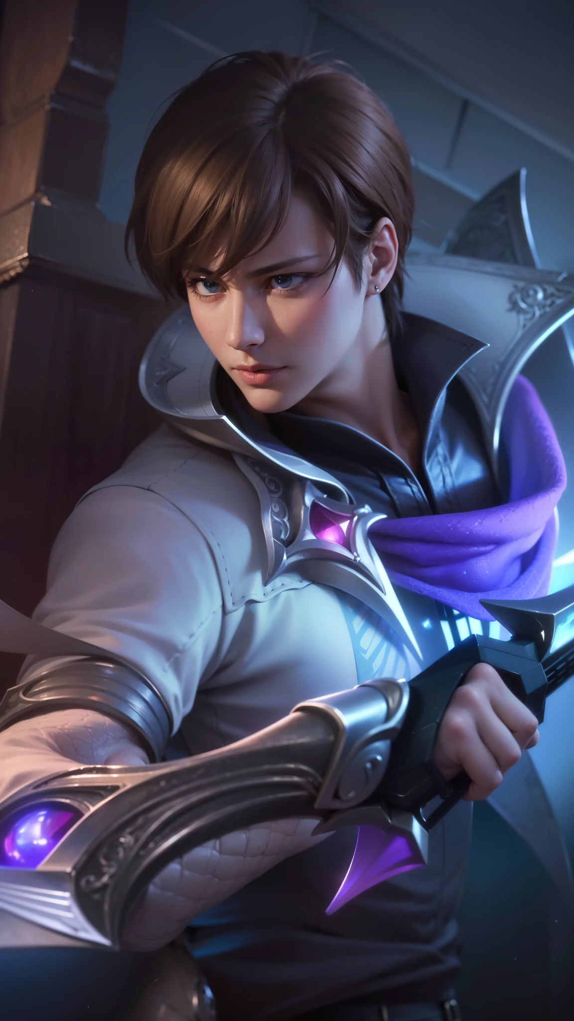 a close up of a person holding a sword in a room, masculine male, masterpiece, ((perfect eyes)) best quality, (semirealism:1.9), beautiful lighting, (extremely detailed CG unity 4k fhd wallpaper), High Detail, Sharp focus, dramatic outdoors, 1 boy ,19 years old, light purpel eyes, 8k, ultra hd, ultra detailed texture, hyper realistic, masterpiece, detailed texture, detailed face, detailed skin, detailed lighting, (photorealistic:1.5), best quality, beautiful lighting, cinematic lighting, professional lighting, ultra highres, realistic, detailed hair, real hair, high quality, (realskin:1.5), extremely detailed, finely detail, ultra-detailed, glare.