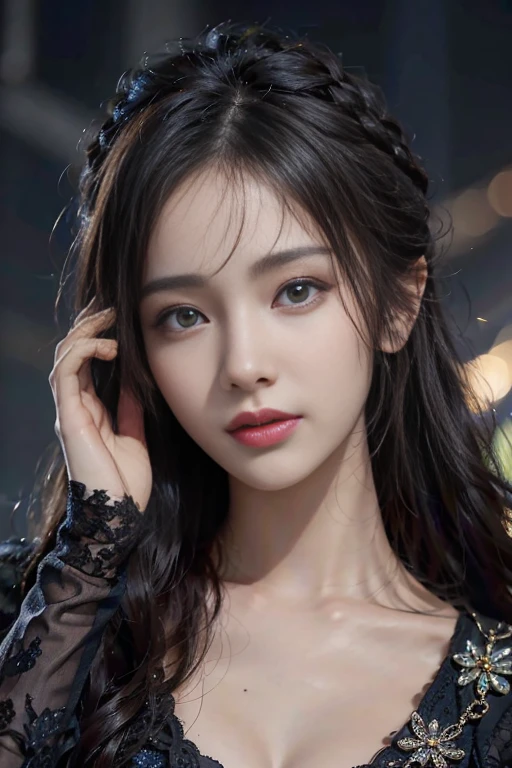 (skindentation:1.5), Realistic, Photorealistic, (masterpiece:1.5), concept art, intricate details, highly detailed, photorealistic, octane render, 8k, unreal engine, dynamic pose, best quality, highres, (realistic face:1.1), (hyperrealistic:1.1), ((full_body)), perfect eyes,(shiny skin:1.2), (((hairstyle))), (((perfect hands))), (extremely detailed background), ((dynamic background)), (light rays), ((detailed eyes, high quality eyes, high quality face)), (((flowing hairstyle))),  epic, depth of field, bokeh, 4k, gothic,  mountain background, lightning, glowing blue iris, at night,