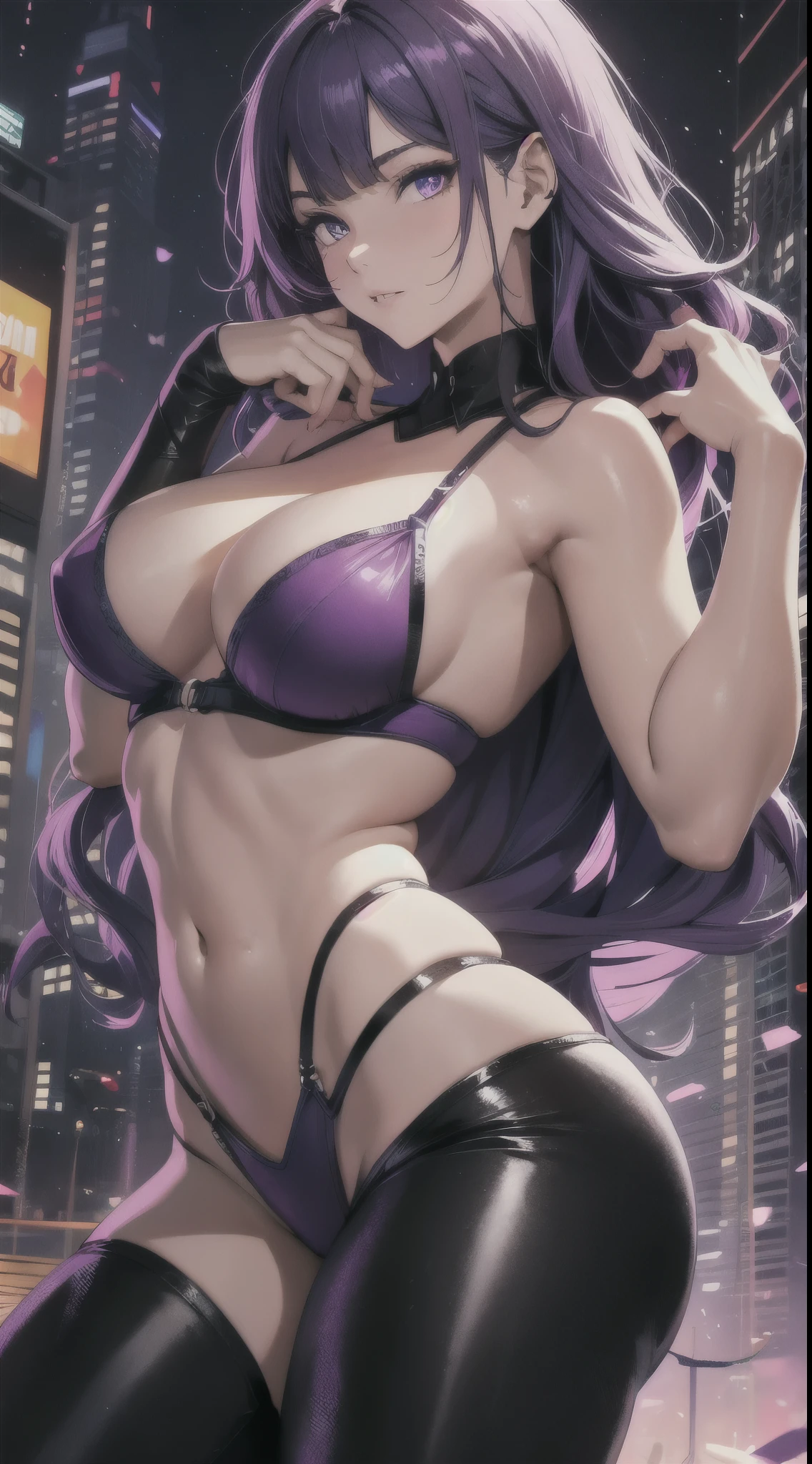 ((Best quality)), ((masterpiece)), night time, disco, 1girl, solo, DJ, muscular, sexy purple micro bikini top and black pants, purple glowing eyes, long hair, smooth skin, cleavage, tat ((extremely slutty)).