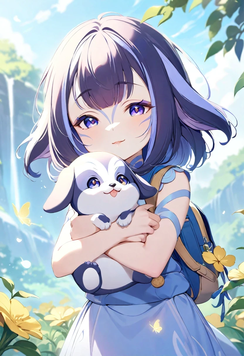 ((shylily)),An incredibly charming little girl carrying a backpack, accompanied by her adorable puppy, enjoying a lovely spring outing surrounded by beautiful yellow flowers and natural scenery. The illustration is in high definition at 4k resolution, with highly-detailed facial features , (Butterfly Dance)