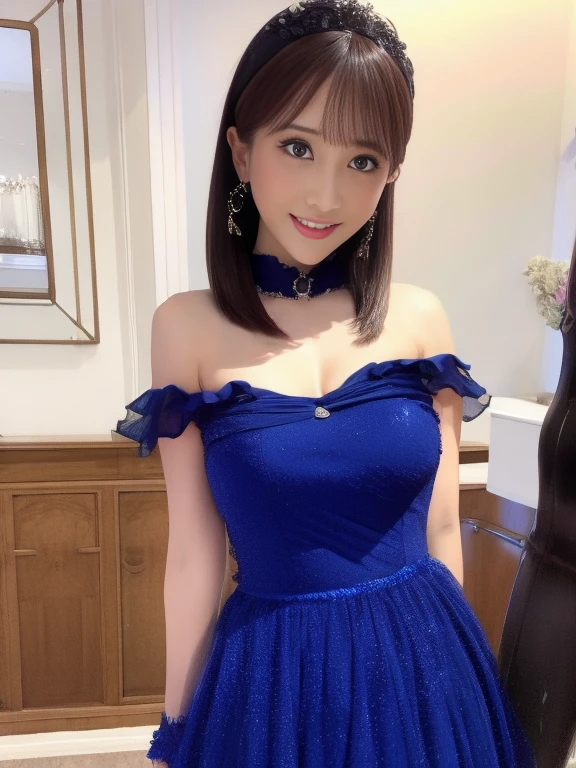 ((highest quality, 8K, Representative works in detail, ultra high resolution)), (looking at the viewer:1.5), (whole body:1.5),((Slender:1.4)),anatomically correct,Checked tight dress,very huge breasts,A dress that emphasizes the bust,frills,off shoulder dress,mini dress,Idol