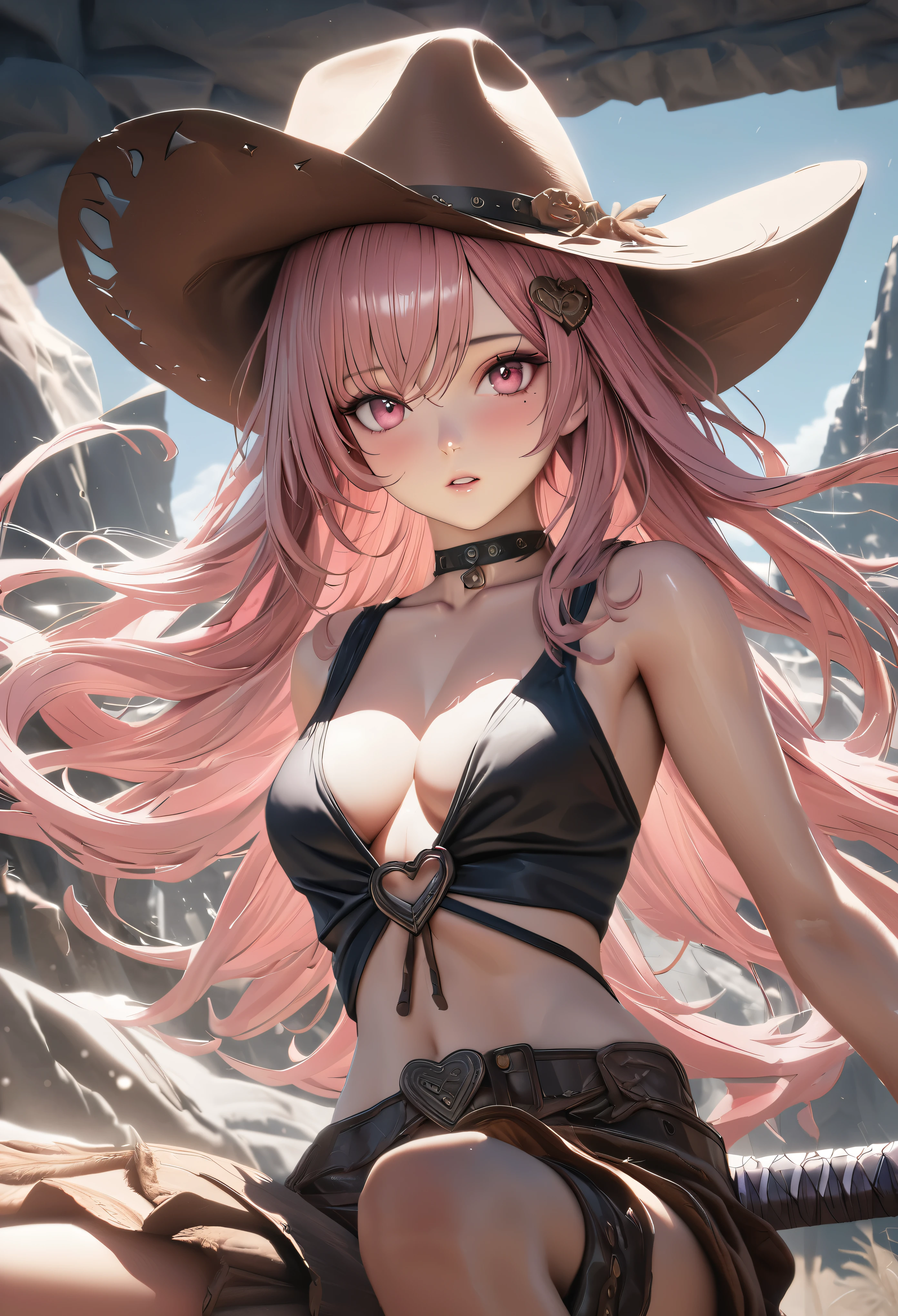 masterpiece,highest quality, Super detailed, High resolution, expensive resolution, HDR, 4k, 8K, unity 8k wallpaper, Super detailed CG, masterpiece, realistic, 2D, 3D, beautiful details, depth, fine texture , super fine: 1.3, Fully focused, Crispy.skin, .he, Very cute anime girl 、cowboy style costume、cowboy hat、cowboy boots technic wilderness、duel、long sword、Pink semi-long hair wearing expensive , one girl、alone, Pink semi-long hair, cowboy style、cowboy hat、long sword、duel、cowboy bootole under the eye, looking at the viewer , expensive , blush, mole, parted lips, hair ornaments, heart, pink eyes, choker