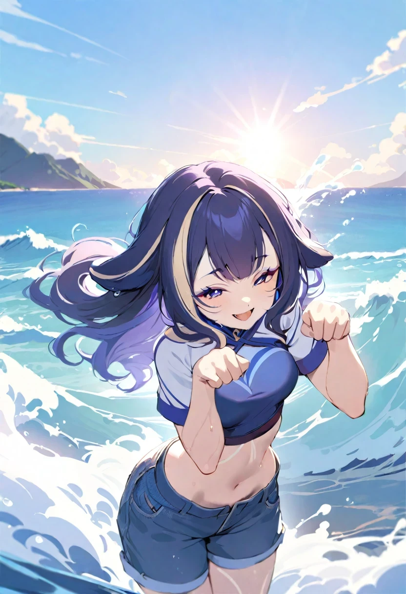 ((shylily)),(best quality, masterpiece), 1girl, paw pose, smile, laughing, ocean, crop top, shorts,, looking at viewer, wavy hair, cloud, splashing, waves, sun, mountain, wet