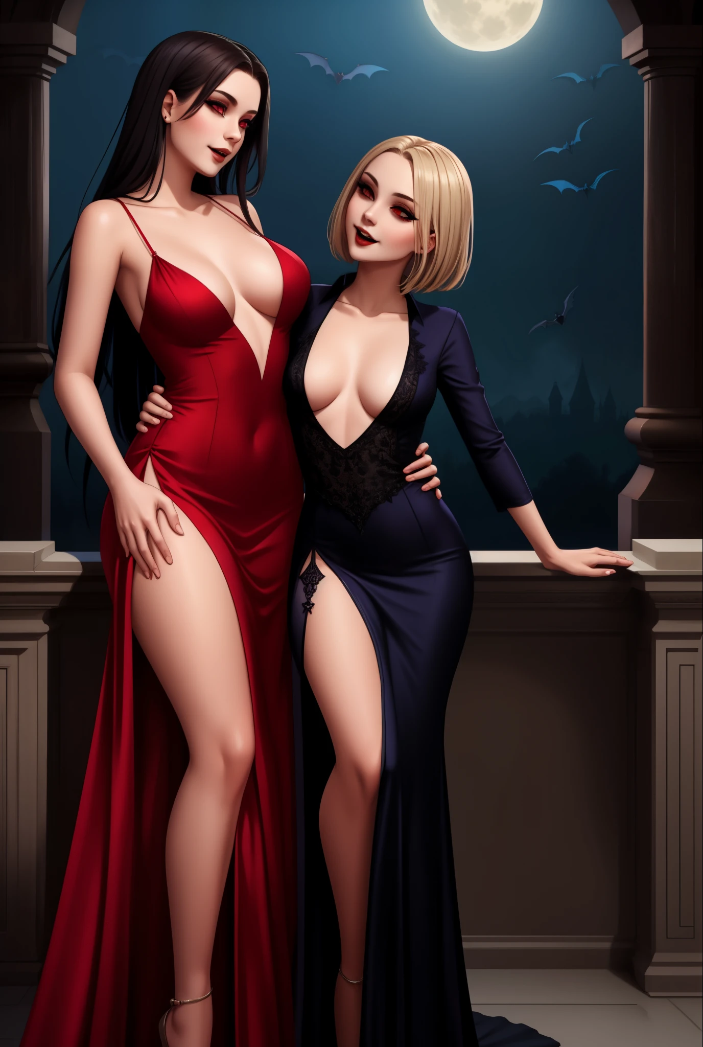 lesbian, seductive, long dress, leg slit, touching, fondling, vampire, 2girls