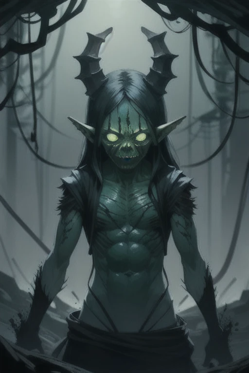 Overgrown hell life, goblin kid, cracked skin, green skin, black veins, black blood,