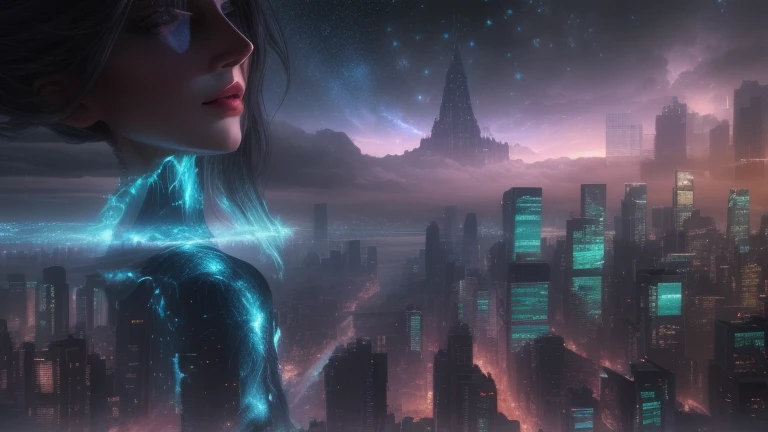 Image of a woman in her 40s looking at the city at night, matte painting of human mind, In the city of the future, In front of the SF cityscape, human future city, dreamy cyberpunk girl, In a futuristic city, Futuristic and fantastical, A city under a fantastic starry sky at dusk, Futuristic digital art, Digital Visionary Art, science fiction digital art, She's attracting lightning