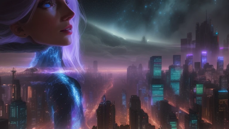 Image of a woman in her 40s looking at the city at night, matte painting of human mind, In the city of the future, In front of the SF cityscape, human future city, dreamy cyberpunk girl, In a futuristic city, Futuristic and fantastical, A city under a fantastic starry sky at dusk, Futuristic digital art, Digital Visionary Art, science fiction digital art, She's attracting lightning