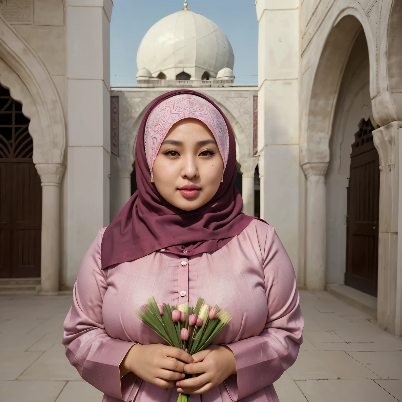 photography, realistic, a beautiful Asian woman((hijab,chubby cheeks,focused eyes, perfect nose,perfect lips,pink lip color,wearing a long maroon mukena))is standing while holding a bunch of ketupat, in the mosque entrance yard,smiling, dynamic pose,looking at the audience,in front of the magnificent and beautiful mosque there are decorated pine trees,nearby there are many people wearing Muslim clothing,the atmosphere is a little white mist covering it,the sky is bright blue