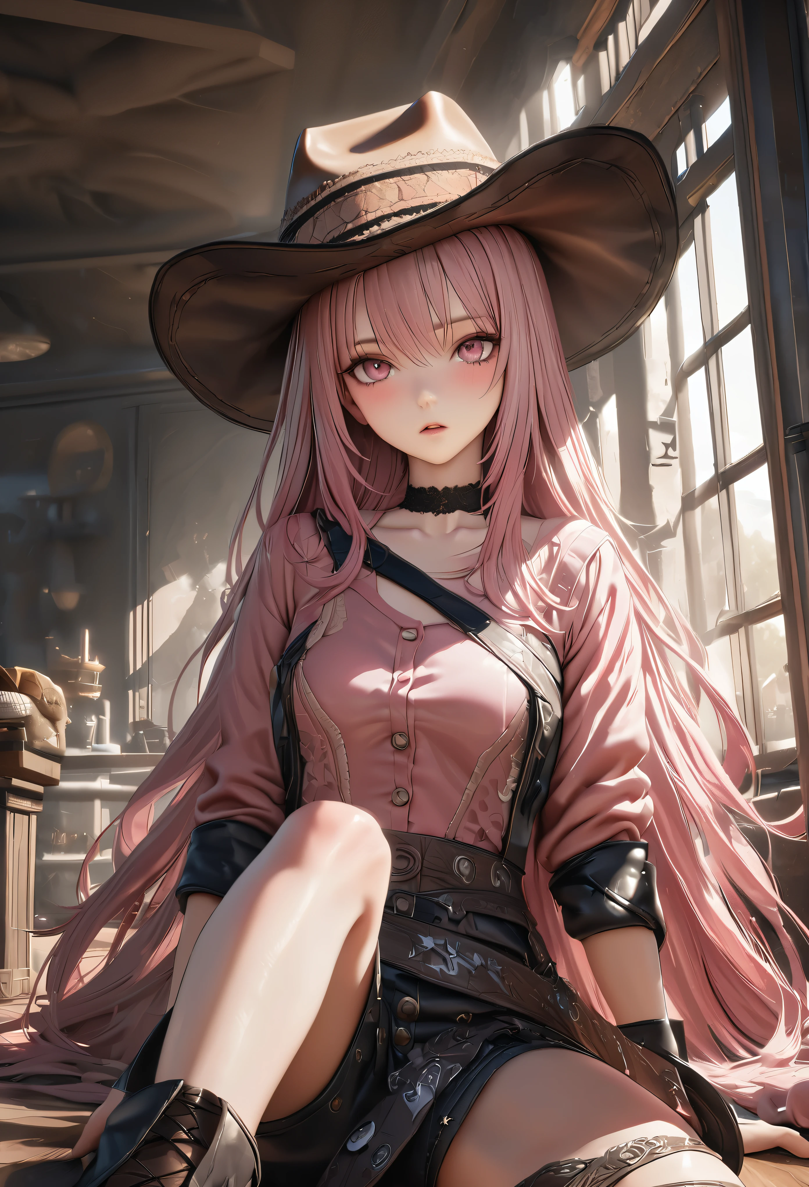 masterpiece,highest quality, Super detailed, High resolution, expensive resolution, HDR, 4k, 8K, unity 8k wallpaper, Super detailed CG, masterpiece, realistic, 2D, 3D, beautiful details, depth, fine texture , super fine: 1.3, Fully focused, Crispy.skin, .he, Very cute anime girl 、cowboy style costume、cowboy hat、cowboy boots technic wilderness、duel、long sword、Pink semi-long hair wearing expensive , one girl、alone, Pink semi-long hair, cowboy style、cowboy hat、long sword、duel、cowboy bootole under the eye, looking at the viewer , expensive , blush, mole, parted lips, hair ornaments, heart, pink eyes, choker