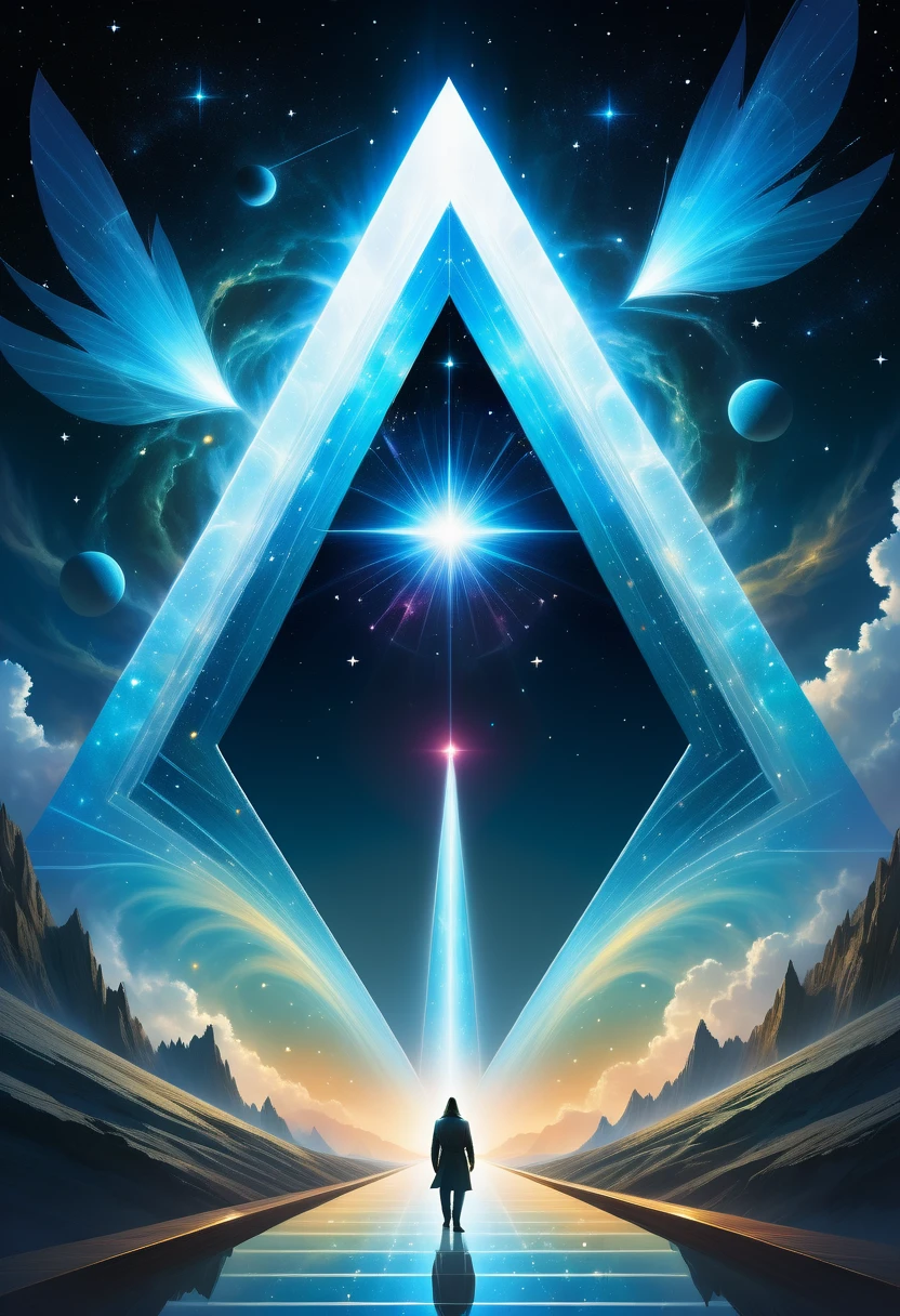 Giant triangle cybernetics，Magnificent cosmic starry sky background，Intricate illustration in surreal art style，surreal dream，Dubrec style，Transparent geometric shape close-up，（multiple exposure：1.8），A man standing at the entrance，Alphad&#39;s image with a star in the sky, Entering the ethereal realm, A gateway to another universe, The passage to the ethereal realm, artgem and beeple masterpiece, A stargate to another dimension, futuristic stargate, cosmic eye, Movie Bee, Jessica Rossier Fantasy Art