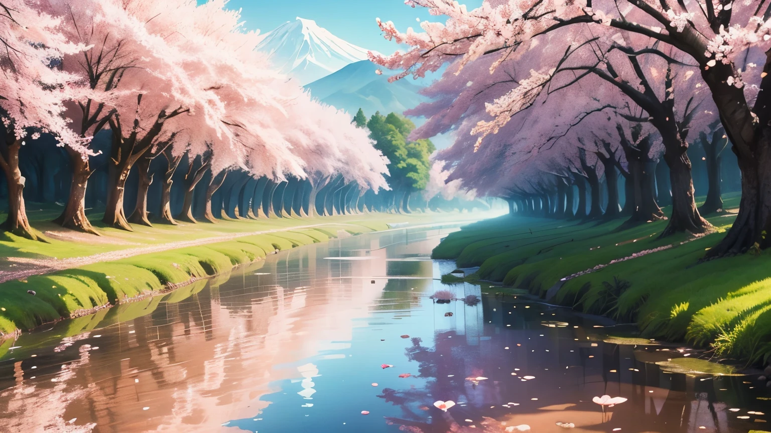 Color your pictures vividly with watercolors, 4k , cherry blossoms、river、Paddy field、Japan、Low Saturation