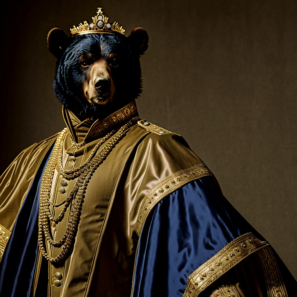 Bear (royal clothing/military uniform), necklace, cape, crown, staff