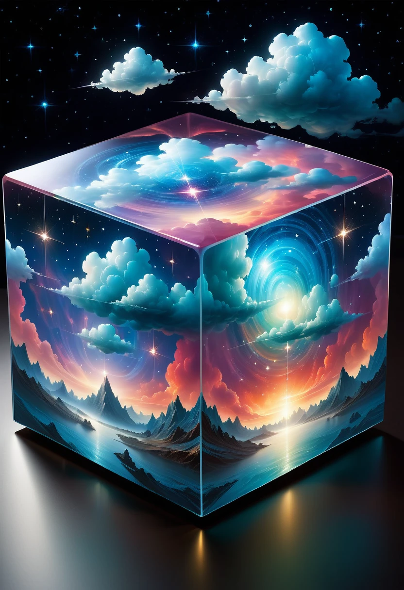 Bosch style, Translucent cube captures eerie clouds, the Starscape warps, Time warp, Surrealism prevails, Star, luminescent, Glittering