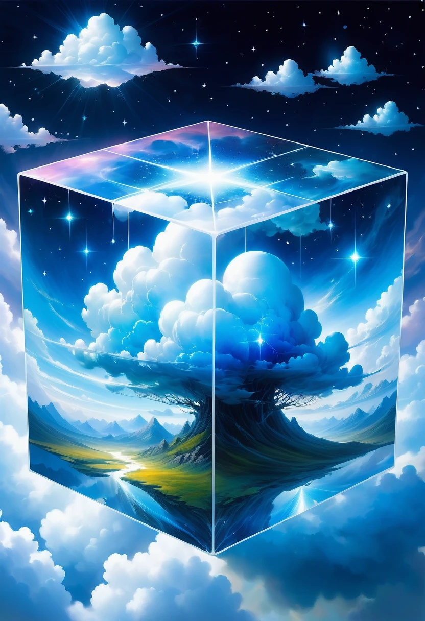 Bosch style, Translucent cube captures eerie clouds, the Starscape warps, Time warp, Surrealism prevails, Star, luminescent, Glittering