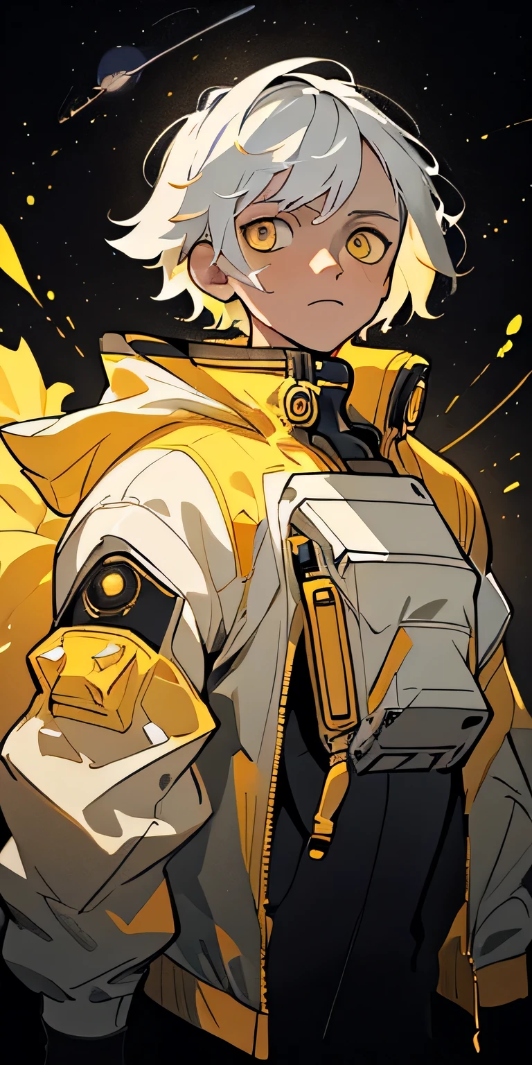 (best quality, masterpiece), 1boy, particle, wind, flower, upper body, dark simple background, looking at viewer, white hair, yellow eyes, space jacket,future tech themed, white and yellow colour scheme, facing the left
