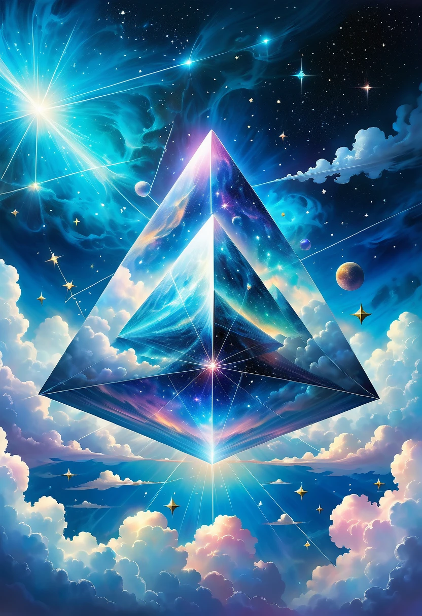 Bosch style, Translucent cube captures eerie clouds, the Starscape warps, Time warp, Surrealism prevails, Star, luminescent, Glittering，Giant triangle cybernetics，Magnificent cosmic starry sky background，Intricate illustration in surreal art style，surreal dream，Dubrec style，Transparent geometric shape close-up，（multiple exposure：1.8），