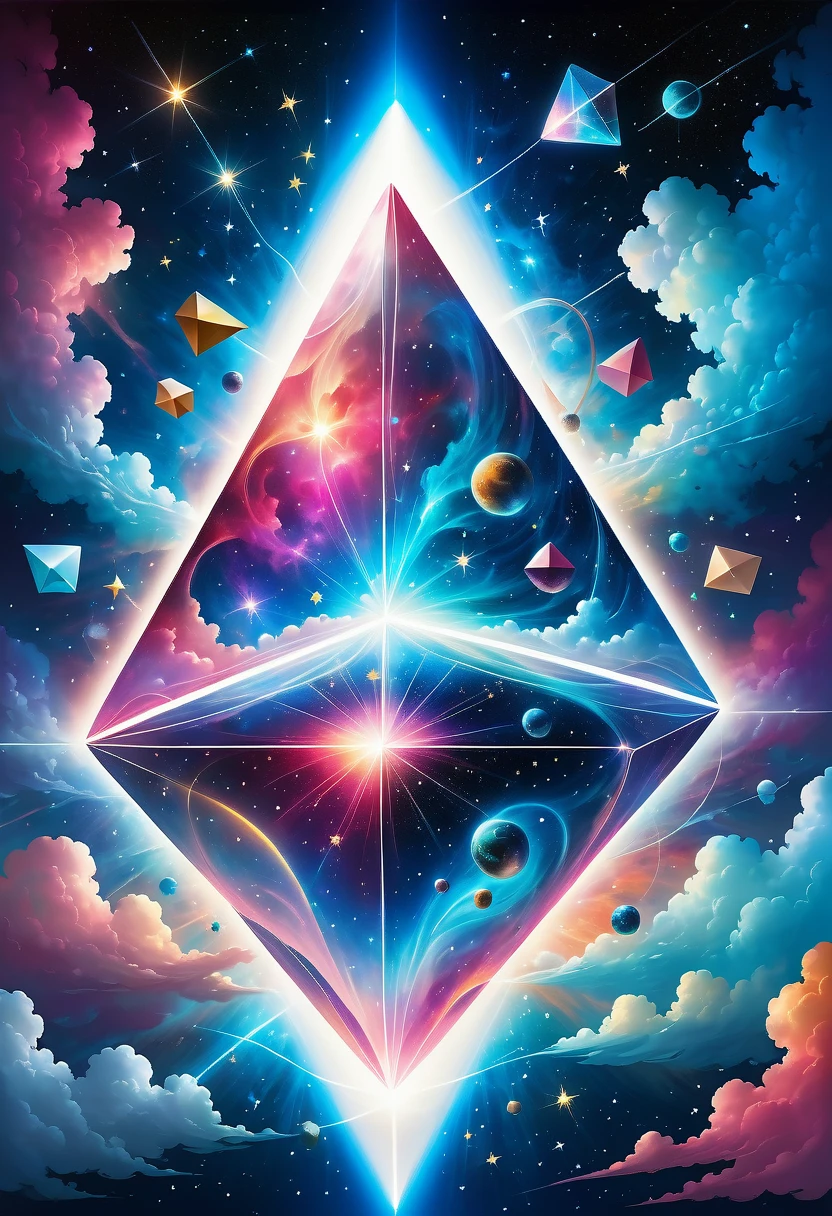 Bosch style, Translucent cube captures eerie clouds, the Starscape warps, Time warp, Surrealism prevails, Star, luminescent, Glittering，Giant triangle cybernetics，Magnificent cosmic starry sky background，Intricate illustration in surreal art style，surreal dream，Dubrec style，Transparent geometric shape close-up，（multiple exposure：1.8），