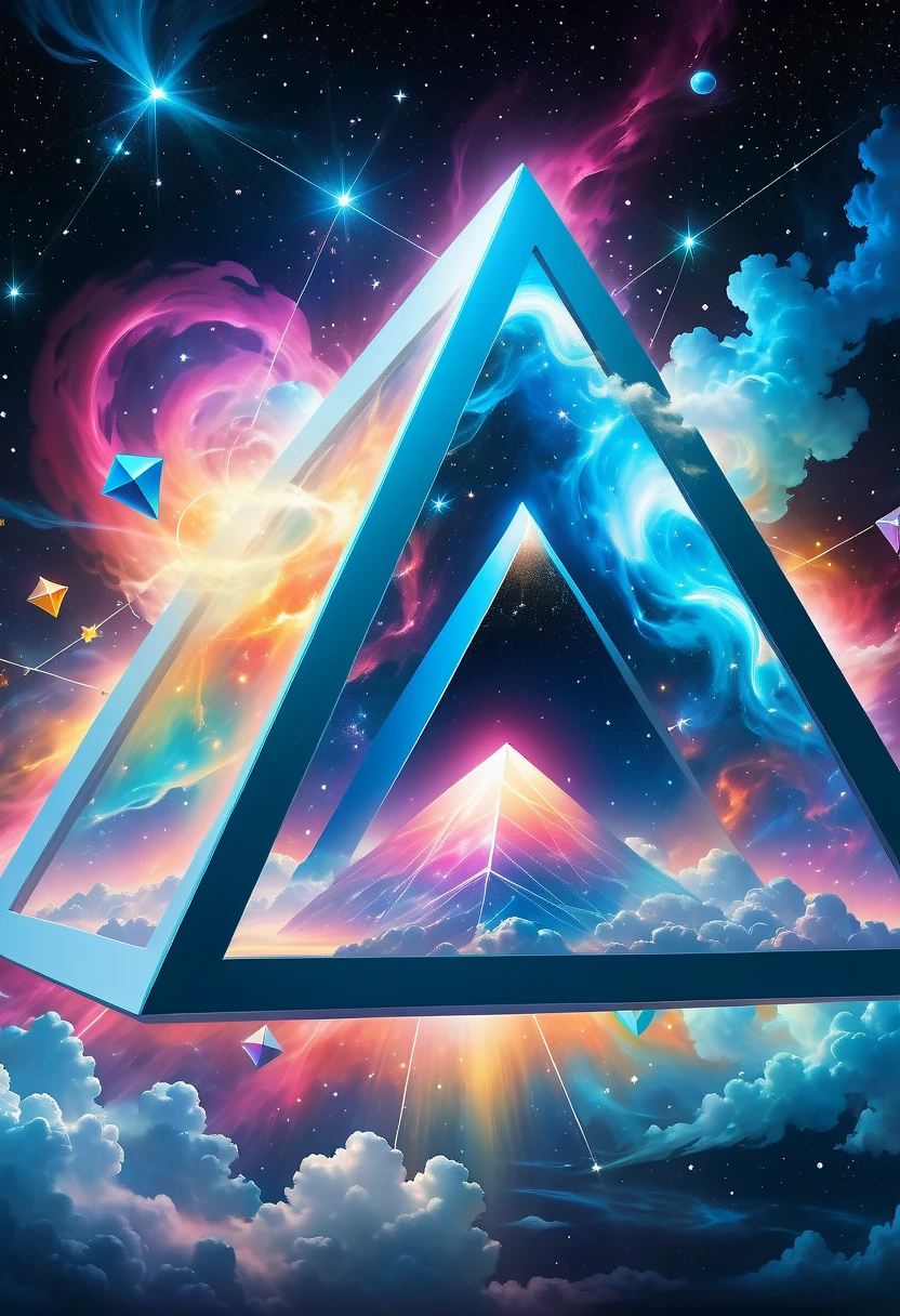 Bosch style, Translucent cube captures eerie clouds, the Starscape warps, Time warp, Surrealism prevails, Star, luminescent, Glittering，Giant triangle cybernetics，Magnificent cosmic starry sky background，Intricate illustration in surreal art style，surreal dream，Dubrec style，Transparent geometric shape close-up，（multiple exposure：1.8），
