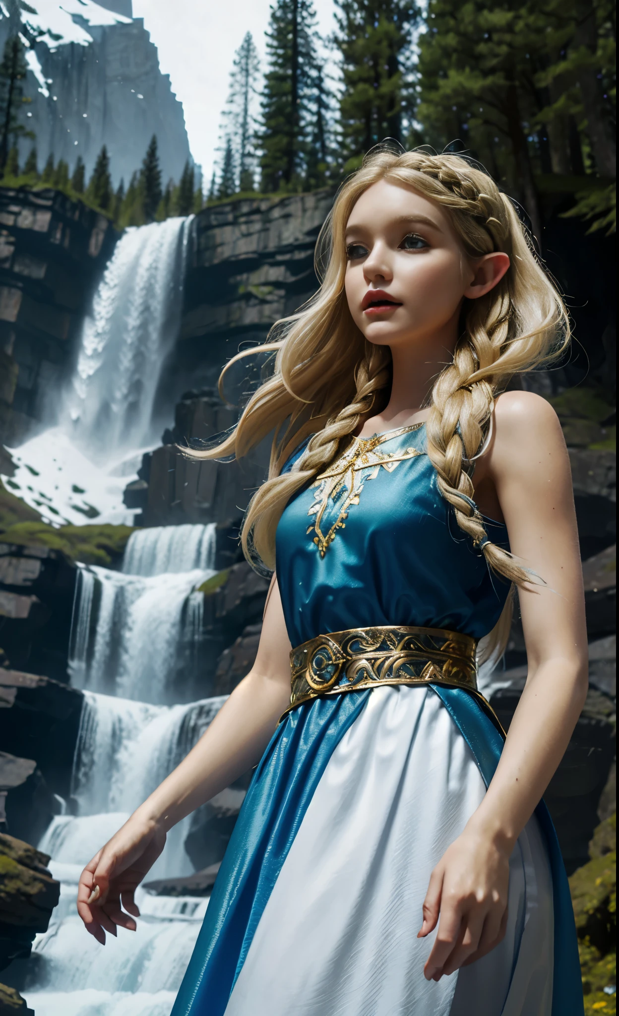 Blonde, elf, blue dress, white skirt, European American, forest, Disney, white long skirt with gold trim, golden trim, girl, princess, legend of zelda, rock, eyes, flowing hair, delicate hair, Nordic style, wind blowing, coiled hair, small braid, alpine, alpine, waterfall