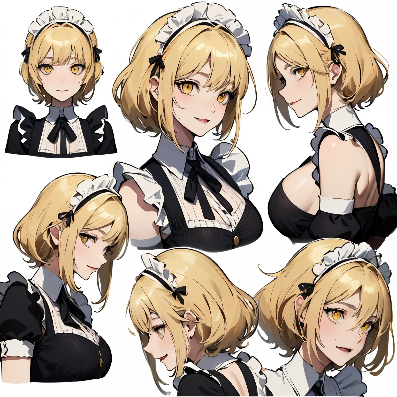 (masterpiece, 8K, highest quality, very detailed, 1 mature woman), (Consistent personality, same character), (blonde hair, yellow eyes), (very detailed顔と肌の質感, fine eyes), evil smile, big breasts, alone, (maid), white background, bare shoulders, enchanting smile, (multiple views, multiple angles), Side view, Front view, look up, look down, Rear view, 20-degree head view