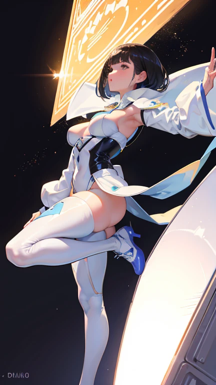 Beautiful white female tomboy piloting giant white luxurious advanced mech-suit taller than skyscrapers, dossel aberto, tight shiny black latex outfit, pixie-corte, rosto de enquadramento de cabelo, franjas longas, suado, early in the morning, Poor lighting, nublado, Seios grandes, (:0.7), cintura muito estreita, quadris largos, dynamic pose, dynamic angle