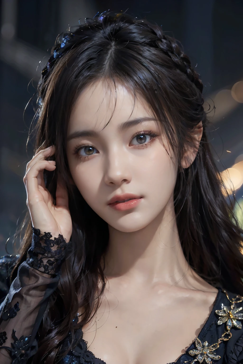 (skindentation:1.5), Realistic, Photorealistic, (masterpiece:1.5), concept art, intricate details, highly detailed, photorealistic, octane render, 8k, unreal engine, dynamic pose, best quality, highres, (realistic face:1.1), (hyperrealistic:1.1), ((full_body)), perfect eyes,(shiny skin:1.2), (((hairstyle))), (((perfect hands))), (extremely detailed background), ((dynamic background)), (light rays), ((detailed eyes, high quality eyes, high quality face)), (((flowing hairstyle))), epic, depth of field, bokeh, 4k, gothic, mountain background, lightning, glowing blue iris, at night,