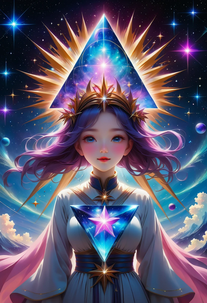 Giant triangle cybernetics，Magnificent cosmic starry sky background，超现实主义艺术风格的complex插图，surreal dream，Dubrec style，Transparent geometric shape close-up，（multiple exposure：1.8），(Starlight Art:1.5)，Dreams of happiness，Bright starlight，bismuth，very beautiful，Encouraging，iridescent，Suggestive digital art，Gorgeously decorated，bioluminescence，grace，picturesque，Ultra-detailed，Beautifully；complex、Surreal concept art，aesthetics，fluency，complex抽象的星空，professional，masterpiece，8K，Ultra HD resolution，best quality，Epic surrealism，epic happy fantasy，史诗般的Starlight Art，Epic future science fiction art，Epic starlight digital illustration