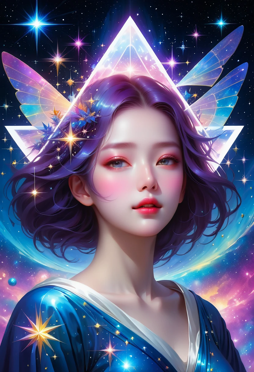 Giant triangle cybernetics，Magnificent cosmic starry sky background，超现实主义艺术风格的complex插图，surreal dream，Dubrec style，Transparent geometric shape close-up，（multiple exposure：1.8），(Starlight Art:1.5)，Dreams of happiness，Bright starlight，bismuth，very beautiful，Encouraging，iridescent，Suggestive digital art，Gorgeously decorated，bioluminescence，grace，picturesque，Ultra-detailed，Beautifully；complex、Surreal concept art，aesthetics，fluency，complex抽象的星空，professional，masterpiece，8K，Ultra HD resolution，best quality，Epic surrealism，epic happy fantasy，史诗般的Starlight Art，Epic future science fiction art，Epic starlight digital illustration