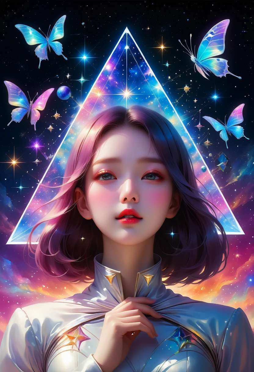 Giant triangle cybernetics，Magnificent cosmic starry sky background，超现实主义艺术风格的complex插图，surreal dream，Dubrec style，Transparent geometric shape close-up，（multiple exposure：1.8），(Starlight Art:1.5)，Dreams of happiness，Bright starlight，bismuth，very beautiful，Encouraging，iridescent，Suggestive digital art，Gorgeously decorated，bioluminescence，grace，picturesque，Ultra-detailed，Beautifully；complex、Surreal concept art，aesthetics，fluency，complex抽象的星空，professional，masterpiece，8K，Ultra HD resolution，best quality，Epic surrealism，epic happy fantasy，史诗般的Starlight Art，Epic future science fiction art，Epic starlight digital illustration