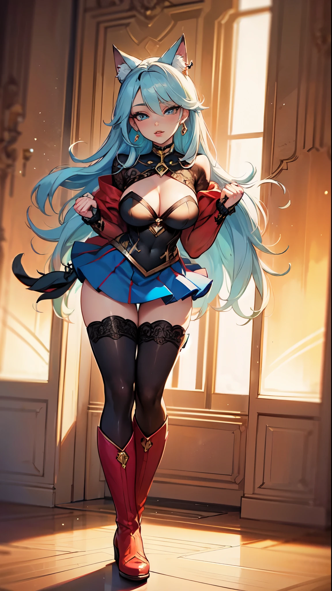 Masterpiece, beautiful art, professional artist, 8k, art style by sciamano240, very detailed face, very detailed hair, 1girl, perfectly drawn body, beautiful face, long hair, light blue hair , very detailed blue vertical cat eyes, pouty lips , rosey cheeks, intricate details in eyes, Dior tigh boots, earrings, close up on face, wearing super girl outfit, red cape, mini skirt, modern setting, full body view, standing in hero pose,