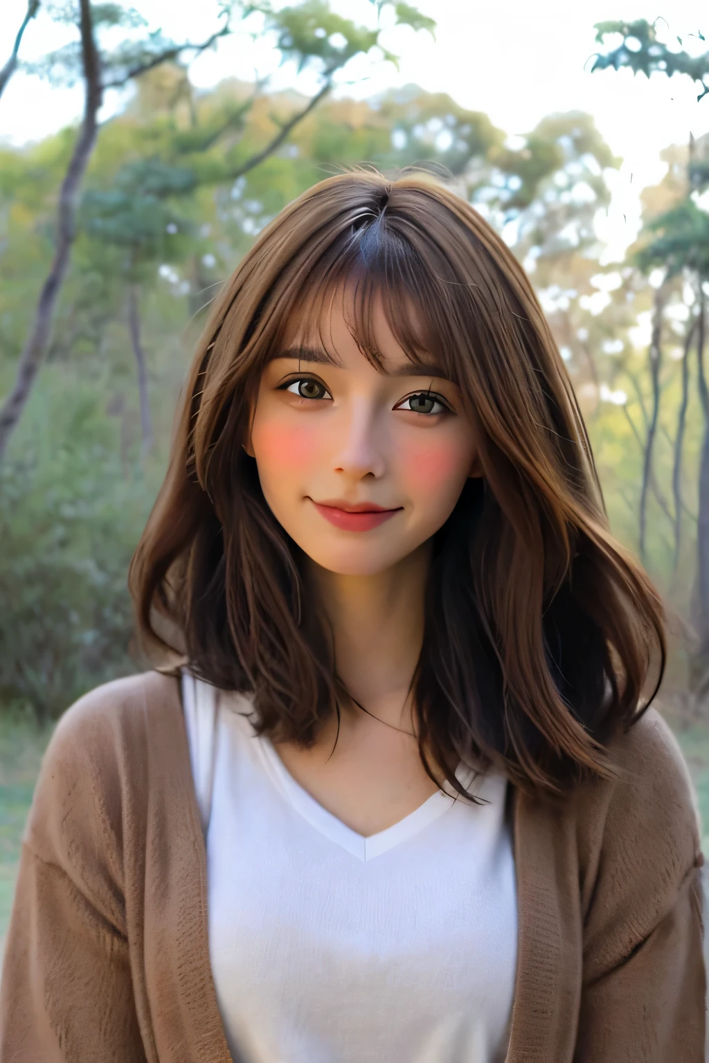 ((Mejor calidad)), ((obra maestra)), (detallado), cara perfecta,, foto carnet, mirando cuerpo entero al frente, ambos hombros mirando al frente, porta retrato de una mujer, con el pelo muy poco ondulado, brown hair color, pelo muy largo, brown eye color, eye size not very big, blushing cheeks with a medium size, que el porta retrato se vea hasta el pecho y que el fondo sea en un bosque lleno de arboles y que sea de nocje. Por ultiimo ropa espiritual, holistica