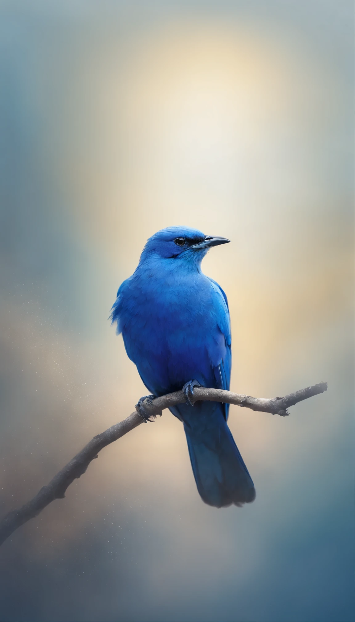 In a vast expanse of pristine white, a vivid blue bird soars gracefully, its wings outstretched against the blank canvas of the sky. Its feathers shimmer with iridescence, reflecting the pure light surrounding it. With each beat of its wings, it cuts through the emptiness, leaving behind trails of cobalt blue against the immaculate backdrop. The bird's presence is captivating, a burst of color in an otherwise untouched void, symbolizing freedom, purity, and the boundless possibilities of the open sky. Close up with completely white canvas behind the bird