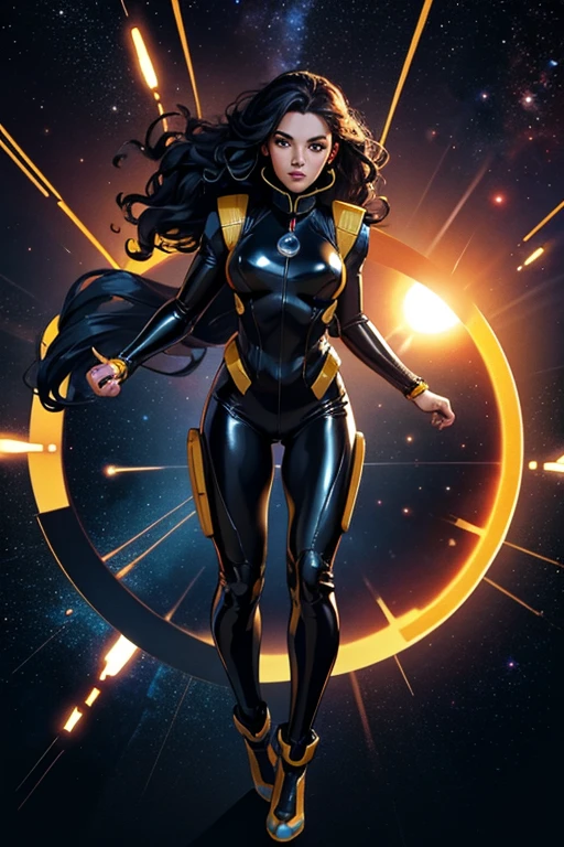 best quality, masterpiece, woman space super hero, full body,hi-tech vest over black latex suit, long curly hair, floating in deep space, with several planets and suns in the background