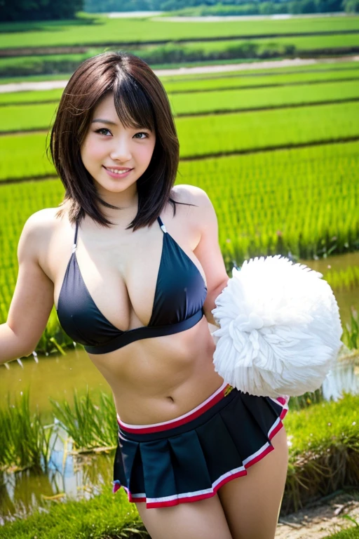 "(highest quality,4k,8K,High resolution,masterpiece:1.2),Super detailed,(realistic,photorealistic,photo-realistic:1.37),Physically based rendering,HDR,UHD," cute japanese woman, cheerleader,  black bikini, cheer leading, big breasts, He is holding two large cheering pom-poms, one in each hand., mini skirt, Loose fluffy bob cut, Paddy field, Rice paddies, full body image, cleavage,