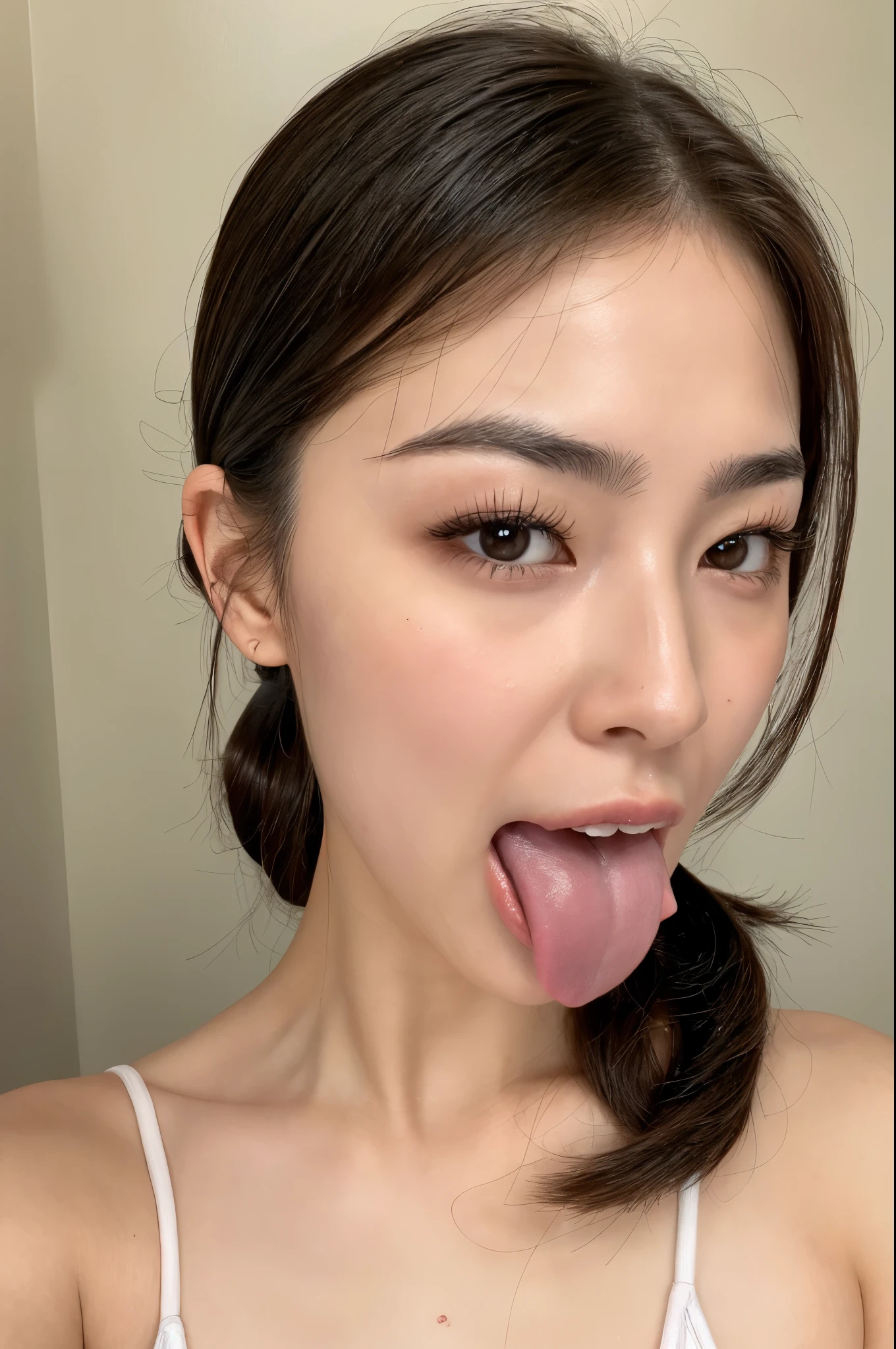 ((1 solo girl: 1.10)), (Raw photo, highest quality, masterpiece: 1.45), focus the eyes clearly, nose and mouth,face focus, super close up of face、open your mouth,20-year-old,brown hair、symmetrical face,realistic nostrils、angle from below、Fluorescent Bikini, swimsuit,NSFW, shiny skin、skin shining with sweatを強調する照明、((sharp nose))skin shining with sweat、((long ponytail)),、sweaty hair、sun&#39;Rays shine、(wrinkles between eyebrows))（cum on tongue)、deep kiss、((thin eyebrows))oily skin、glistening shining skin、double eyelid、wet and shiny tongue、Beautiful face woman with wet tongue full of foam、Beautiful woman、roll your eyes、Detailed characteristics of hair, detailed facial features, Detailed features of the wear, (camisole)