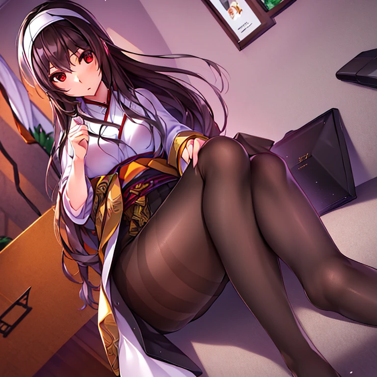 (authenticity: 1.3), beautiful, quality, Rembrandt Lighting, (masterpiece: 1.2), (authenticity: 1.2), (Best quality), (Skin details: 1.3), (intricate details), dramatic, idyllic, Ray tracing, 1 girl, Chinese girl, white headband, long black hair, black pantyhose, 24 years old, modern clothing, on the street