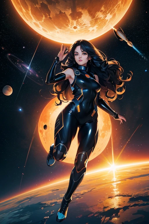 best quality, masterpiece, woman space super hero, full body,hi-tech vest over black latex suit, long curly hair, floating in deep space, with several planets and suns in the background