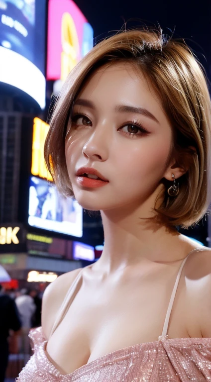 ((Night Scene, Realistic Light, Best Quality, 8k, Masterpiece: 1.3)), 1 Girl, Slim Body Beauty: 1.4, Blonde, Short Hair, (Big: 1.3), Off Shoulder Cut Top: 1.3, Ultra Detailed Face, Detailed Eyes, Double Eyelids, NYC, Times Square, Cleavage