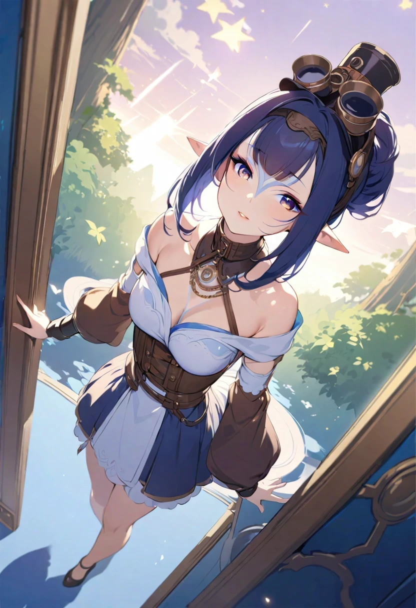 ((shylily)),art by Cornflower, dreamy, ((extremely detailed CG unity 8k wallpaper),(masterpiece), (best quality), (ultra-detailed), (best illustration),(best shadow), (an extremely delicate and beautiful), dynamic angle, floating, finely detail, (bloom), (shine), glinting stars, classic, (painting), (sketch), Taisho steampunk, (steampunk:1.2)), full body, 1girl,portrait, elf, pointy ears, priestess, fantasy,glistening skin, crystal, jewelry, necklace, flower, eyelashes, collarbone, beautiful, detailed eyes, shiny lips, looking at viewer, forest (masterpiece, high quality:1.2) , bloom, ambient occulsion