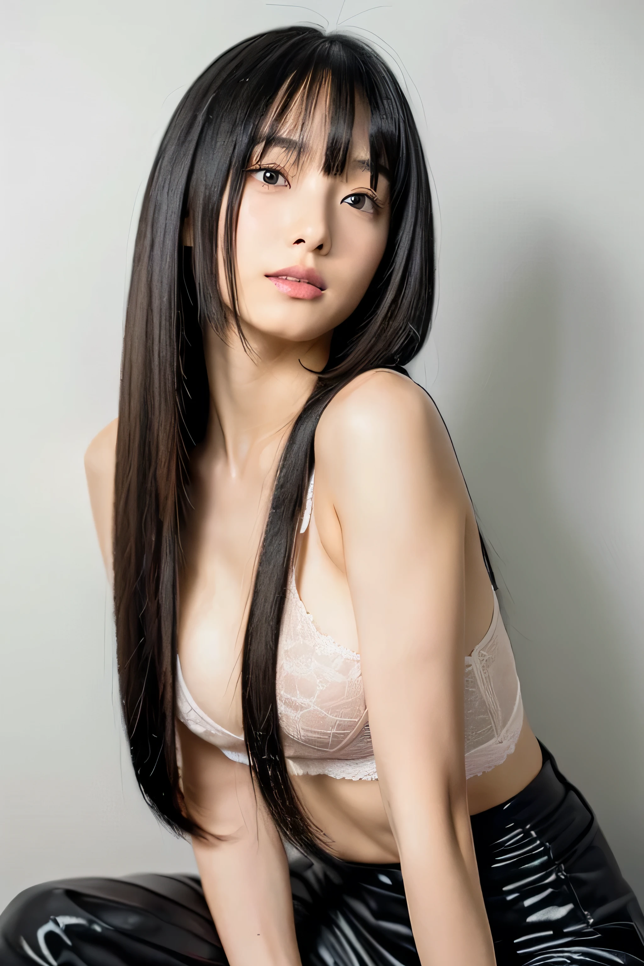 (highest quality))　1 female　(The most beautiful 12-year-old cute girl in Japan)　((Extra very Long Hair:1.4))　((Kneeling pose))　(The expression of pleasure when staring at a man&#39;s genitals)　(Facing the viewer)　((masterpiece))　perfect beautiful face　The eyes are slightly slanted　The eyebrows are very thin　((Her hair is very detailed and silky with a wonderful black sheen.、Incredibly straight, incredibly long black hair that reaches down to her waist　((Her bangs are neatly trimmed in a hime cut))　(natural)　(Lipstick is slightly pink)　Extremely long and straight hair, Black shiny straight hair, very shiny, Unusually long, straight hair, Thick and shiny, extremely long, straight black hair　Jet black, silky straight hair　Her hair is とても長い and straight　Thin black hair down to the waist, get used to it　Extremely long, straight black hair, Extremely long, straight black hair, Very long straight black hair))　　become familiar with　(Ultra-fine skin texture 1.4)　 double eyelid　sharp focus:1.2、Beautiful woman:1.4　　The whole body is super beautiful々New skin texture　clear, A typical healthy tan for Japanese people　She's perfect　　Unique Japanese faces　　Japan body type　that&#39;　　(in front of a white wall　on the white bed　Professional lighting is shining a light on her.:2.0)　((Anatomically correct arm、hand、refer to、foot))　((She is wearing white lingerie with lace))　A typical healthy tan for Japanese people　Her hair is a beautiful blonde　(average breast size)